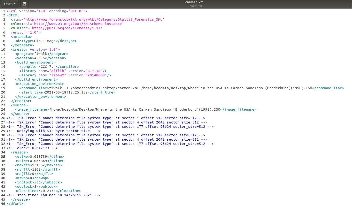 This screenshot shows the XML output of the tool fiwalk run against the disk image. Of note are the multiple error lines stating that the utility cannot determine the file system type at various offsets using various sector sizes.