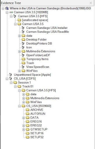 This screenshot shows the disk image as loaded into the program FTK Imager. It is shown to illustrate that there are multiple file system views present, each with differing files present.