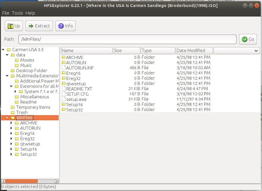 This screenshot shows the disk image loaded into the HFSExplorer utility. It shows that only Macintosh files, and not the files that are shown in other programs that read ISO9660 filesystems.