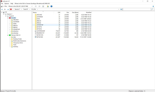 This screenshot shows the disk image display in the IsoBuster software. Of note is that the navigation panel on the left displays two different file systems representations -- ISO9660 and HFS -- and there are different files listed under each.