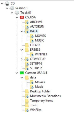 This screenshot shows a close up view of the navigational panel of the IsoBuster software. The two file systems -- ISO9660 and HFS -- are present, and some of the folders are expanded to further illustrate the differences between the two views.